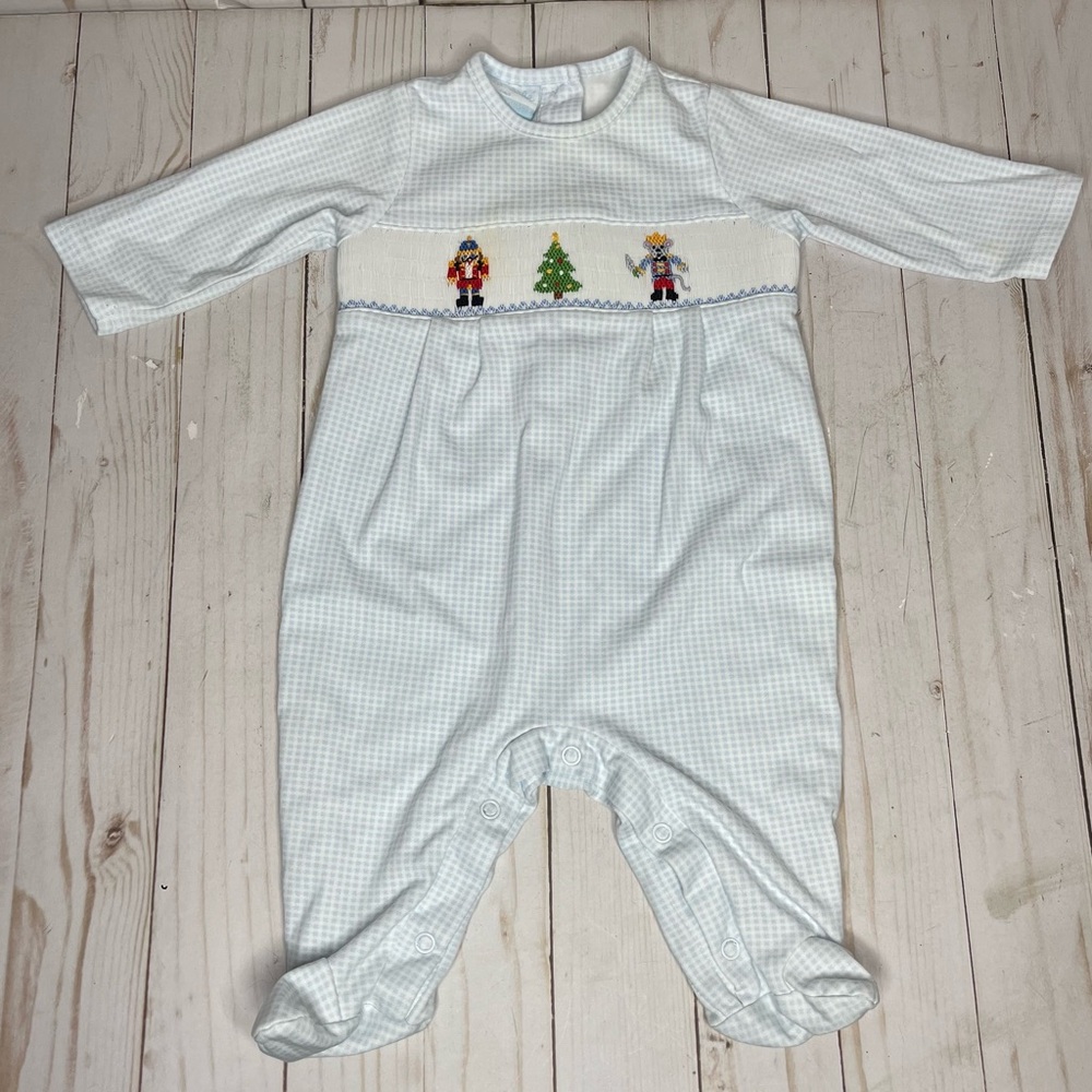 Petit BeBe Smocked Christmas One Piece Footed Pajama Blue Gingham Size 6M